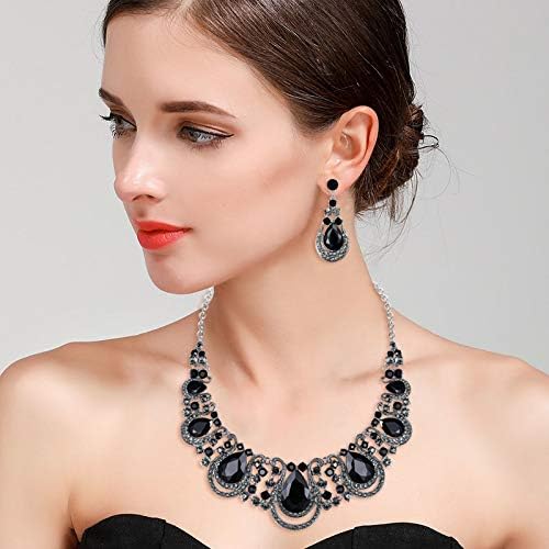 BriLove Women's Costume Fashion Crystal Teardrop Hollow Scroll Statement Necklace Dangle Earrings Set