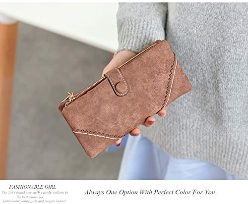 Women's Genuine Leather Bifold Clutch Wallet Large Capacity Card Organizer with Buckle Closure in Candy Colors (Coffee)