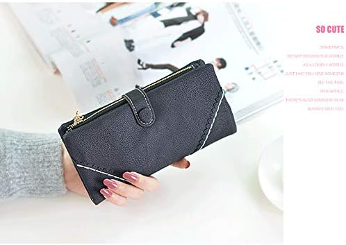 Women's Genuine Leather Bifold Clutch Wallet Large Capacity Card Organizer with Buckle Closure in Candy Colors (Black)