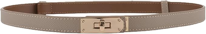 Women's Skinny Leather Belt with Adjustable Silver Turn-Lock Buckle - Ideal for Dresses, Jeans, and Coats, Black