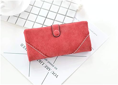 Women's Genuine Leather Bifold Clutch Wallet Large Capacity Card Organizer with Buckle Closure in Candy Colors (Red)