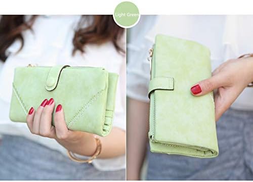 Women's Genuine Leather Bifold Clutch Wallet Large Capacity Card Organizer with Buckle Closure in Candy Colors (Light Green)