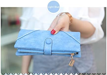 Women's Genuine Leather Bifold Clutch Wallet Large Capacity Card Organizer with Buckle Closure in Candy Colors (Blue)