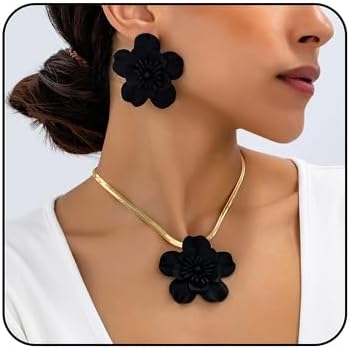 Vintage Flower Necklace Earring Set Gold Snake Chain Necklace Bohemian Red Flowers Choker Necklaces Hypoallergenic Statement Flower Stud Earrings Elegant Bridal Wedding Summer Beach Jewelry