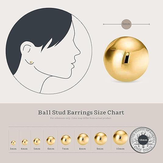 Kezef 14K Gold Filled Ball Stud Earrings for Women - Thick 14K Gold Layer, Hypoallergenic for Sensitive Ears, Round Studs | 3mm-9mm