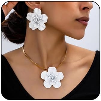Vintage Flower Necklace Earring Set Gold Snake Chain Necklace Bohemian Red Flowers Choker Necklaces Hypoallergenic Statement Flower Stud Earrings Elegant Bridal Wedding Summer Beach Jewelry
