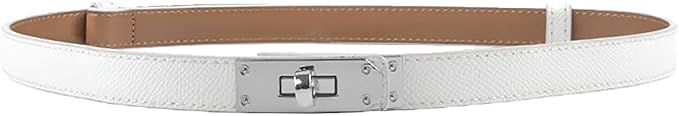 Women's Skinny Leather Belt with Adjustable Silver Turn-Lock Buckle - Ideal for Dresses, Jeans, and Coats, Black