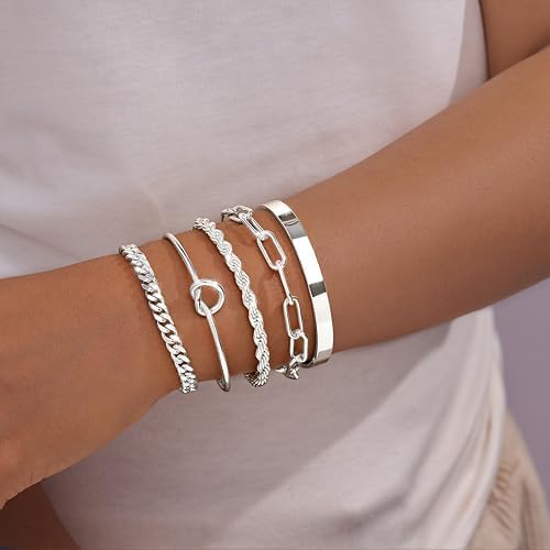 Gold Bracelets Set for Women Non Tarnish, 14K Gold Plated Sterling Silver Chunky Cuff Bracelet Stackable Gold Bangles Bracelet for Women Trendy Fashion Accessories Tie Knot Cuban Rope Paperclip Beaded Bracelet Stack Jewelry Valentines Day Gifts
