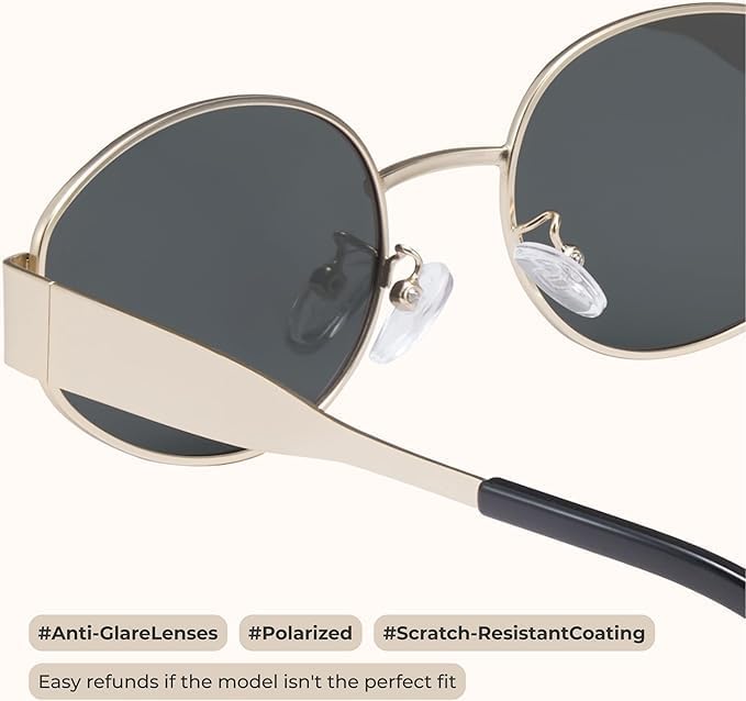 livho Retro Polarized Sunglasses - UV400 Protection, Oval Shape, Metal Frames - Matching Soft Case Inlcuded