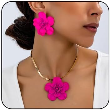 Vintage Flower Necklace Earring Set Gold Snake Chain Necklace Bohemian Red Flowers Choker Necklaces Hypoallergenic Statement Flower Stud Earrings Elegant Bridal Wedding Summer Beach Jewelry