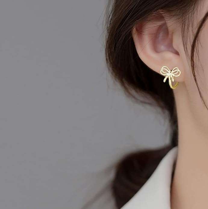 Reffeer Solid 925 Sterling Silver Bow Hoop Earrings Ribbon for Women Teen Girls Bowknot Hoop Earrings Huggie