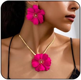 Vintage Flower Necklace Earring Set Gold Snake Chain Necklace Bohemian Red Flowers Choker Necklaces Hypoallergenic Statement Flower Stud Earrings Elegant Bridal Wedding Summer Beach Jewelry