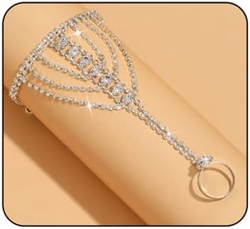 Sparkly Rhinestone Hand Chains Finger Ring Bracelets Silver Crystal Flower Chain Ring Bracelet Boho Hand Harness Chain Bracelet Wedding Party Prom Christmas Fashion Jewelry Accessories for Women