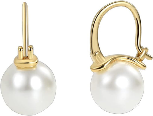 14K Gold/White Gold Plated Minimalist Pearl Hoop Earrings,Huggies Dangle Earrings Jewelry
