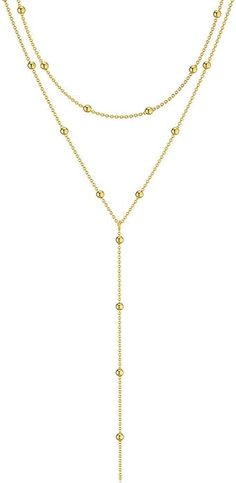 Luxval Lariat Gold Necklace for Women, Dainty Long Necklace 14k Gold Plated/Silver Y-Shaped Pendant Necklaces Trendy Beaded Chain Drop Necklaces Jewelry for Women Gifts
