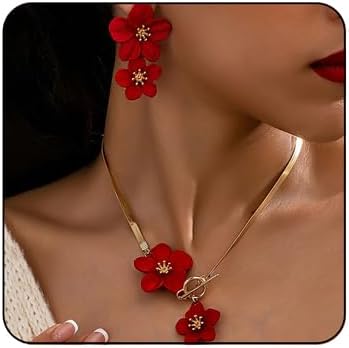 Vintage Flower Necklace Earring Set Gold Snake Chain Necklace Bohemian Red Flowers Choker Necklaces Hypoallergenic Statement Flower Stud Earrings Elegant Bridal Wedding Summer Beach Jewelry