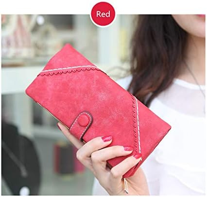 Women's Genuine Leather Bifold Clutch Wallet Large Capacity Card Organizer with Buckle Closure in Candy Colors (Red)