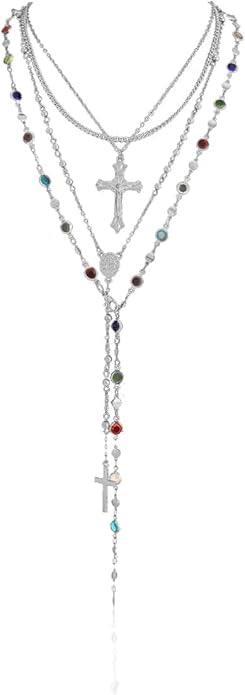 Gold Color Cross Pendant Necklace Set for Women,Dainty Big Crystal Cross Imitation pearl Layered Chain Necklace Summer Party Jewelry