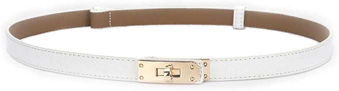 Women's Skinny Leather Belt with Adjustable Silver Turn-Lock Buckle - Ideal for Dresses, Jeans, and Coats, Black
