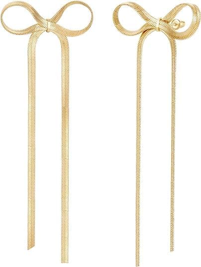 8YEARS Gold Bow Earrings for Women Dainty Ribbon Bow Stud Earrings Gold Dangle Drop Tassel Earrings Long Chain Earrings With 925 Sterling Silver Post Trendy Jewelry Gift (Long Gold Chain Tassel)