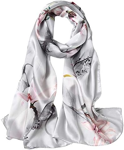 100% Mulberry Silk Scarfs for Women Floral Print Satin Long Scarf for Headscarf Hair Wraps Shawl with Gift Packed