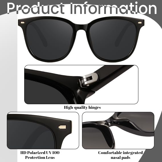 Retro Polarized Sunglasses for Women Men Big Frame Vintage Style Trendy Shade UV400 Protection Lens Sun Glasses
