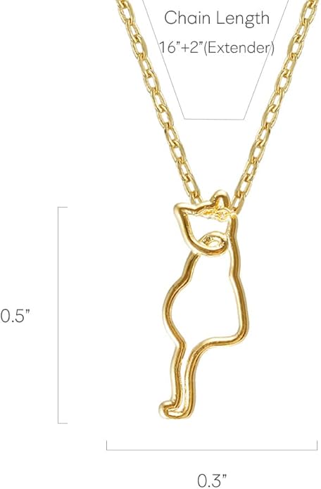 Cat Outline Necklace for Women, MUSTHAVE 18K Gold Plated Simple Line Cat Necklace, Minimalist Line Art Animal Pendant, Dainty Nature Inspired Jewelry, 16+2" Chain, Message Card, Birthday, BFF, Unisex (Yellow Gold)