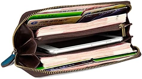 Women's cowhide leather zipper wallet retro carved multi-layer handbag design (Retro Purple Blue)