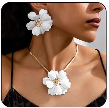Vintage Flower Necklace Earring Set Gold Snake Chain Necklace Bohemian Red Flowers Choker Necklaces Hypoallergenic Statement Flower Stud Earrings Elegant Bridal Wedding Summer Beach Jewelry