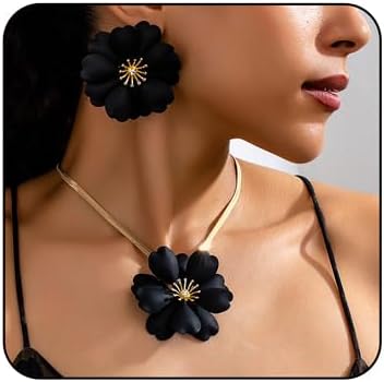 Vintage Flower Necklace Earring Set Gold Snake Chain Necklace Bohemian Red Flowers Choker Necklaces Hypoallergenic Statement Flower Stud Earrings Elegant Bridal Wedding Summer Beach Jewelry