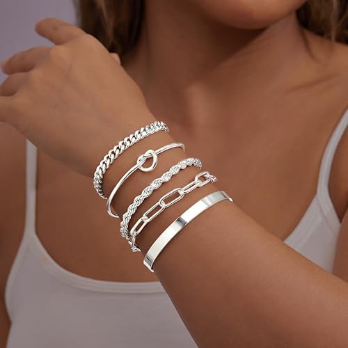 Gold Bracelets Set for Women Non Tarnish, 14K Gold Plated Sterling Silver Chunky Cuff Bracelet Stackable Gold Bangles Bracelet for Women Trendy Fashion Accessories Tie Knot Cuban Rope Paperclip Beaded Bracelet Stack Jewelry Valentines Day Gifts