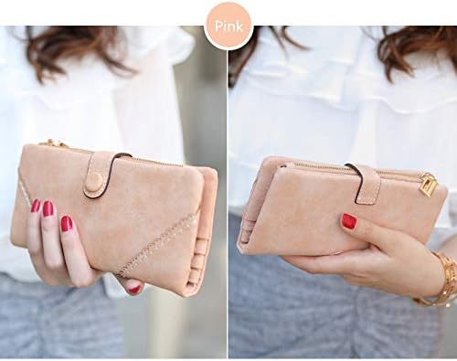 Women's Genuine Leather Bifold Clutch Wallet Large Capacity Card Organizer with Buckle Closure in Candy Colors (Pink)
