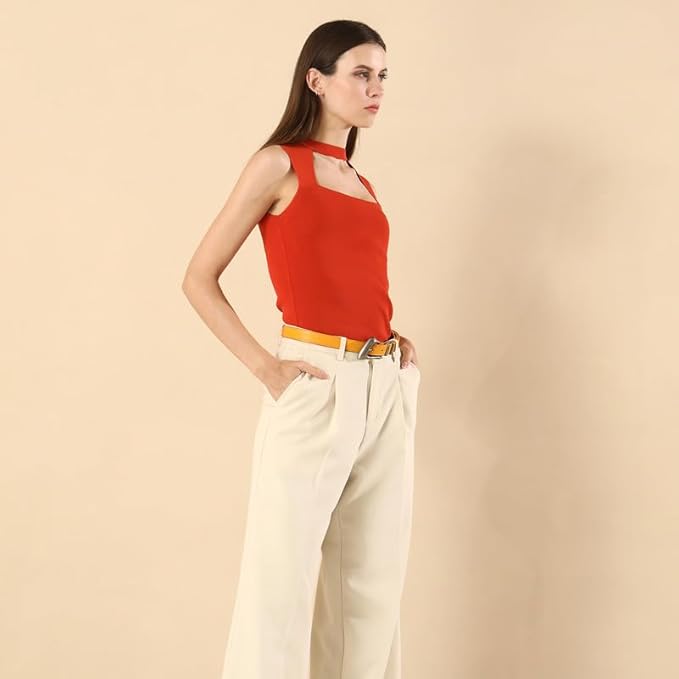 Women's Brown Belt Trend Belt with Gold Buckle Fashion Leather Waist Belt for Jeans Pants