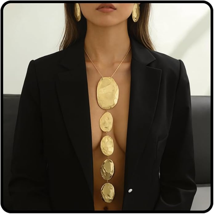 Gold Statement Necklace and Earring Set,Hammered Long Big Pendant Chunky Necklaces and Earrings Extra Large Long Accessories for Women Trendy Jewelry Set Gifts