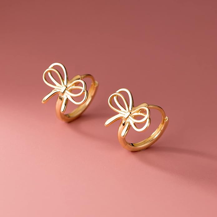Reffeer Solid 925 Sterling Silver Bow Hoop Earrings Ribbon for Women Teen Girls Bowknot Hoop Earrings Huggie