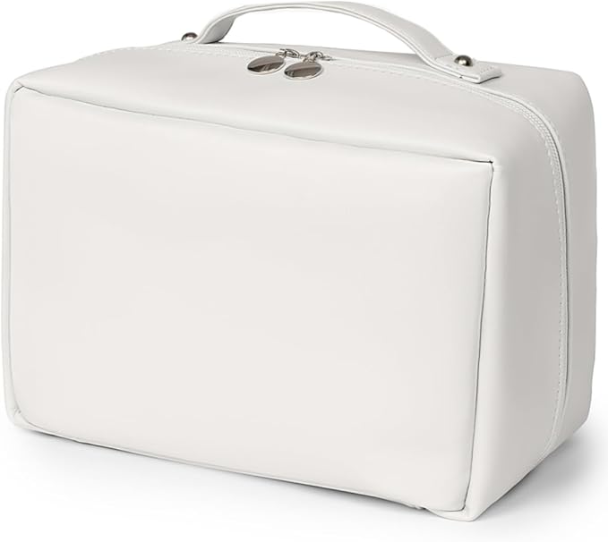 Travel Makeup Organizer Bag, Large Capacity Cosmetic Bags with Multiple Compartments, Open-Flat Toiletry Bag Portable Waterproof Pouch for Women Beauty Essentials (White)