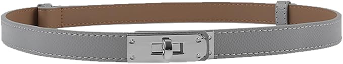 Women's Skinny Leather Belt with Adjustable Silver Turn-Lock Buckle - Ideal for Dresses, Jeans, and Coats, Black