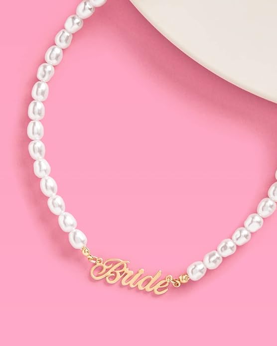 xo, Fetti Bride Pearl Beaded Necklace, 16" Choker, Bride Gold Nameplate | Bachelorette Party Decorations, Bridesmaid Gift, Bridal Shower, Wedding