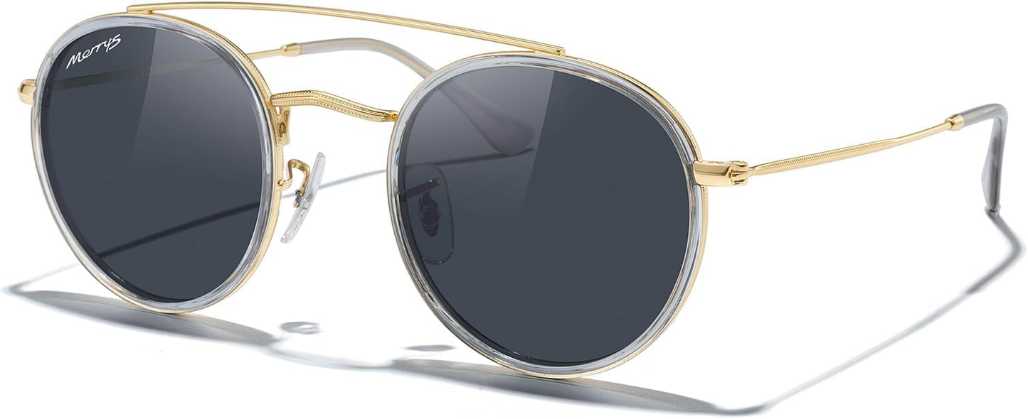 MERRY'S Retro Round Polarized Sunglasses - Unisex Double Bridge Sun Glasses