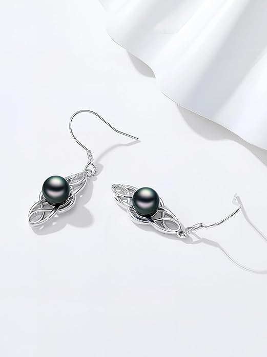 Tahitian Black Pearl AAAA 18K Gold Plated Sterling Silver Dangle Drop Earrings for Women Wife Mom Girlfriend Valentine Her Jewelry Gift for Anniversary Birthday Christmas