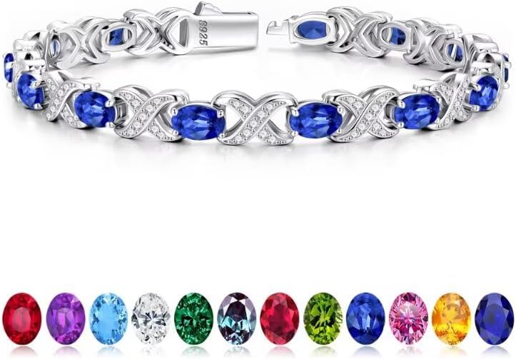 Iefil Oval Birthstone Tennis Bracelets for Women Wife, Unique X O Design Fine Jewelry Valentine's Day Gift Anniversary Birthday Gift 925 Sterling Silver Birthstone Jewelry for Mom Girlfriend Her