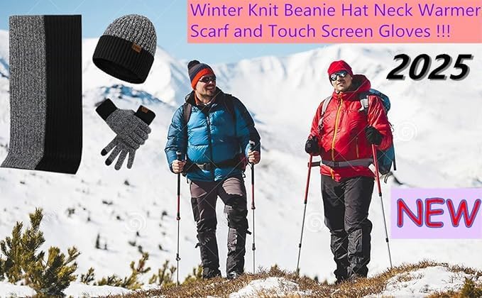 Mens Winter Scarf Hats and Gloves Set Knit Beanie Hat Warmer Scarfs and TouchScreen Glove 3 Pcs for Men