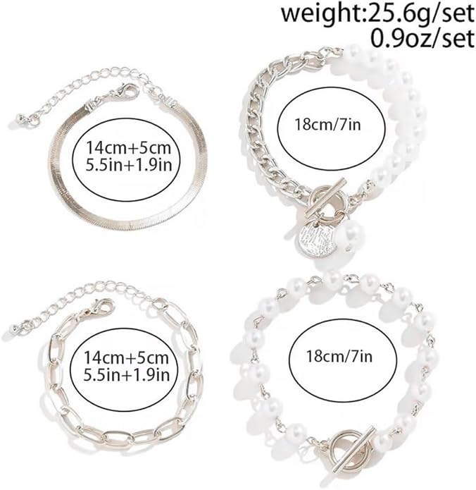 14K Gold OT Buckle Coin Pearl Paperclip Stacked Bracelet Set for Women, Statement Snake Pearl Paper Clip Bracelets Stack Dainty Prom Party Jewelry Gift