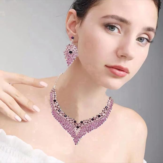 Wedding Bridal Jewelry Set Crystal Rhinestone Statement Necklace Vintage Collar Necklace Dangle Earrings Set for Women