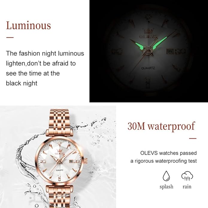 OLEVS Women Watches Simple Dress Ladies Watch Rose Gold Stainless Steel Watch Waterproof Quartz Date Luxury Diamond Small Wristwatch Fashion Analog Female Reloj Mujer Blue White Green Red Yellow Face