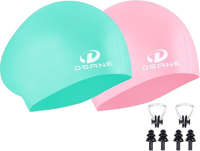 Womens Silicone Swim Cap for Long Hair,3D Ergonomic Design Silicone Swimming Caps for Women Kids Men Adults Boys Girls with Ear Plug and Nose Clip