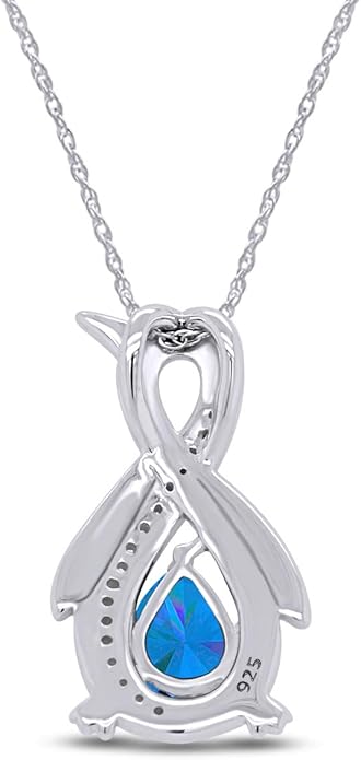 Infinity Penguin Pendant Necklace for Women, 14K Gold Over Sterling Silver with Pear & Round Cut Simulated Birthstone & White Diamond Accents, Dainty Animal Jewelry Gift with 18" Chain