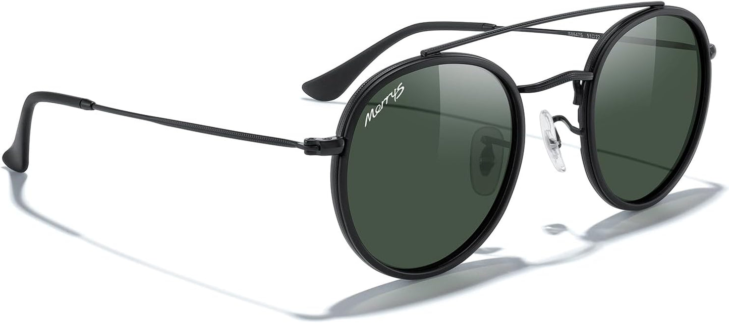 MERRY'S Retro Round Polarized Sunglasses - Unisex Double Bridge Sun Glasses