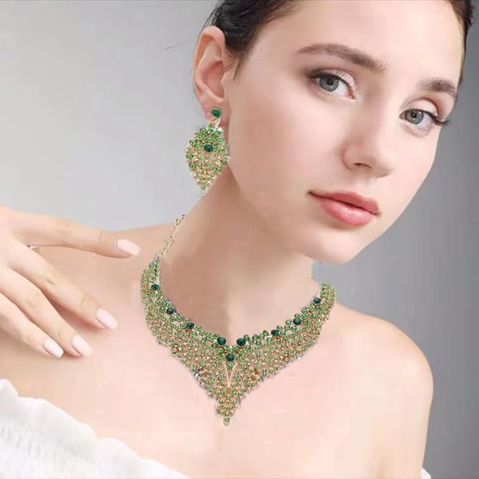 Wedding Bridal Jewelry Set Crystal Rhinestone Statement Necklace Vintage Collar Necklace Dangle Earrings Set for Women