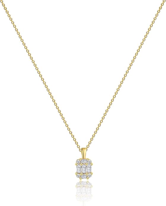 MIDEEO Christmas Gifts for Grandkids CZ Diamond Necklace for Women Dainty Layered Cubic Zirconia Solitaire Pendant Necklace Gold Plated Waterdrop Shape Square Emerald Green CZ Simulated Diamond Bridesmaid Necklace